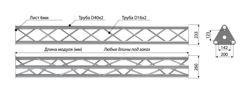 IMLIGHT T40/31-3500 прямой модуль треугольной конфигурации длиной 3500мм, d40х2 \ d16х2мм.