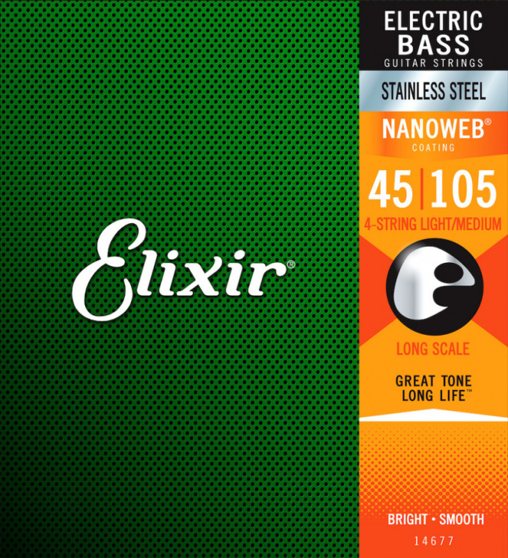 Elixir 14677 NanoWeb струны для бас-гитары (45-105), антикоррозийное покрытие